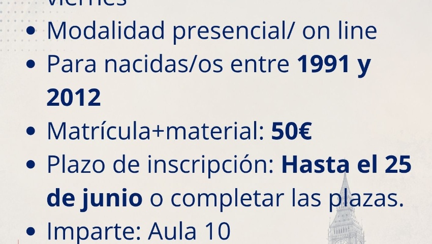 Juventud 2026. Programa 2403.  Curso preparatorio B1/B2 de inglés en Vélez de Benaudalla.