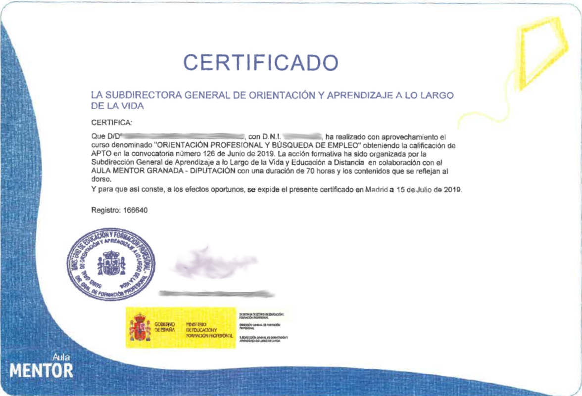 Ejemplo de anverso de un certificado de Aula Mentor